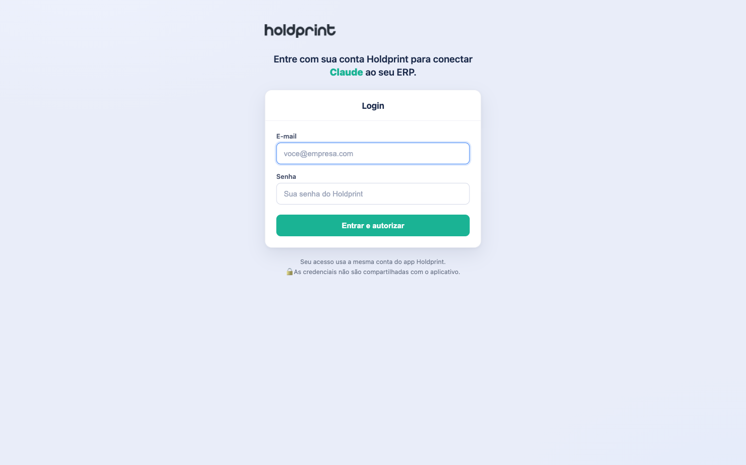 Tela de login OAuth da Holdprint